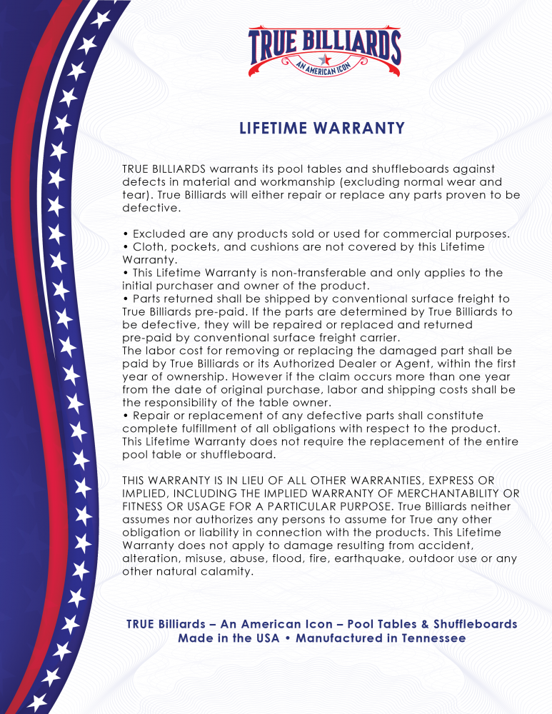 True Billiards Warranty