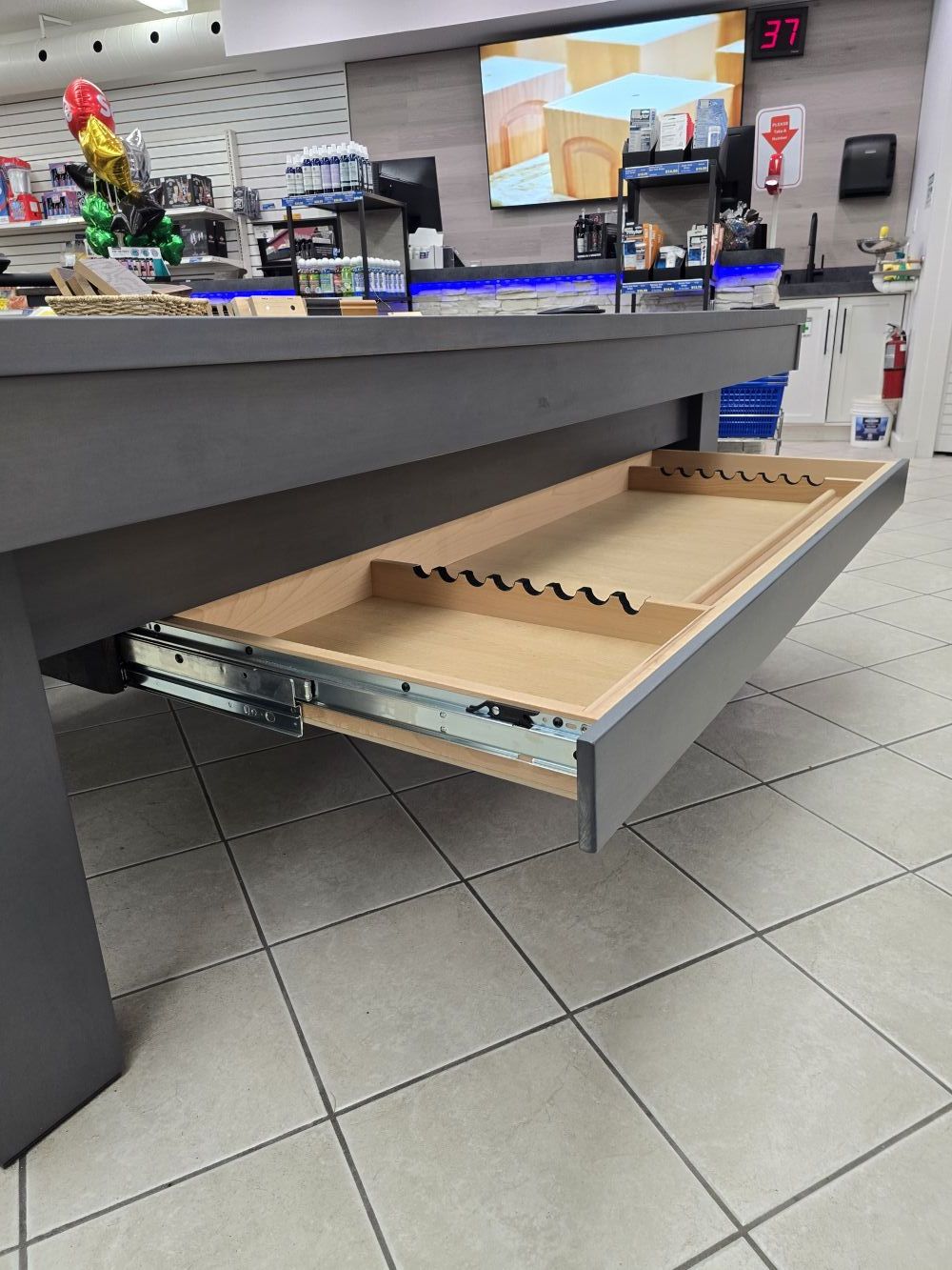 West End 4'x 8' Olhausen Billiard Table with Drawer - Matte Smoke on Maple - Display Model - Image 3